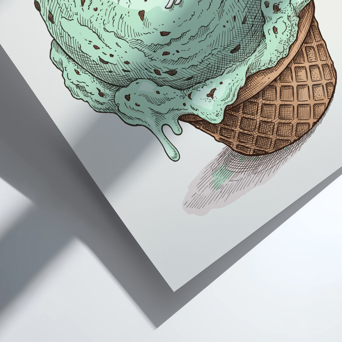 Poster featuring tiny skiers carving tracks down a large mint chocolate chip ice cream scoop