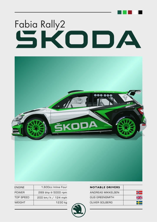 Affiche Škoda Fabia Rally2 – Décoration murale moderne de voiture de rallye
