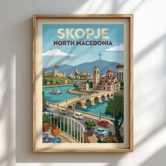 Skopje North Macedonia travel poster featuring the Stone Bridge, Kale Fortress, and cityscape in a vintage