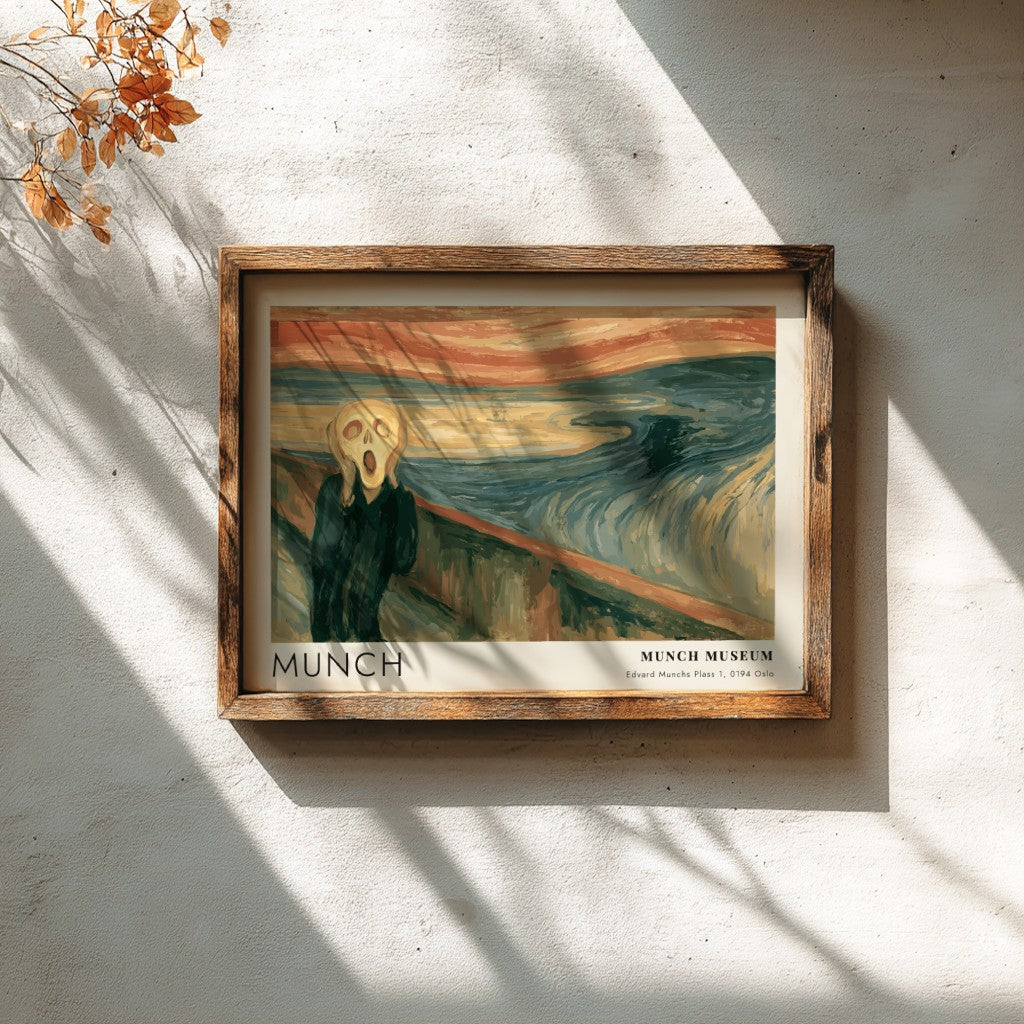 Munch The Scream museum poster in a wood frame featuring swirling blue orange tones