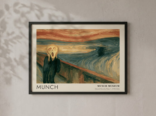 Munch The Scream museum poster in a wood frame featuring swirling blue orange tones