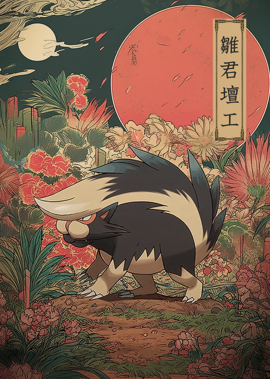 Illustration of Skuntank Pokemon in a stylized garden with flowers and a large red moon.
