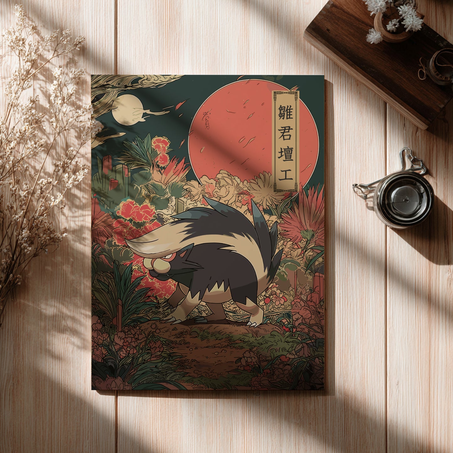 Decorative poster with a fantasy design featuring Skuntank Pokemon, flowers, and a red moon on a wooden surface.
