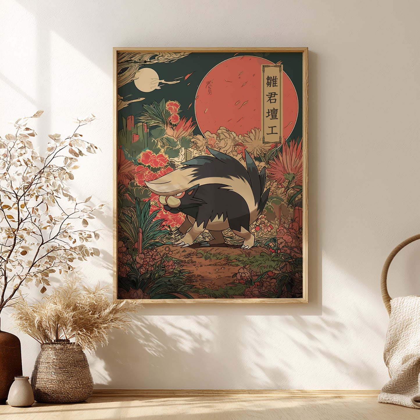 Framed artwork with a Skuntank Pokemon design on a wall in a room with decorative elements.