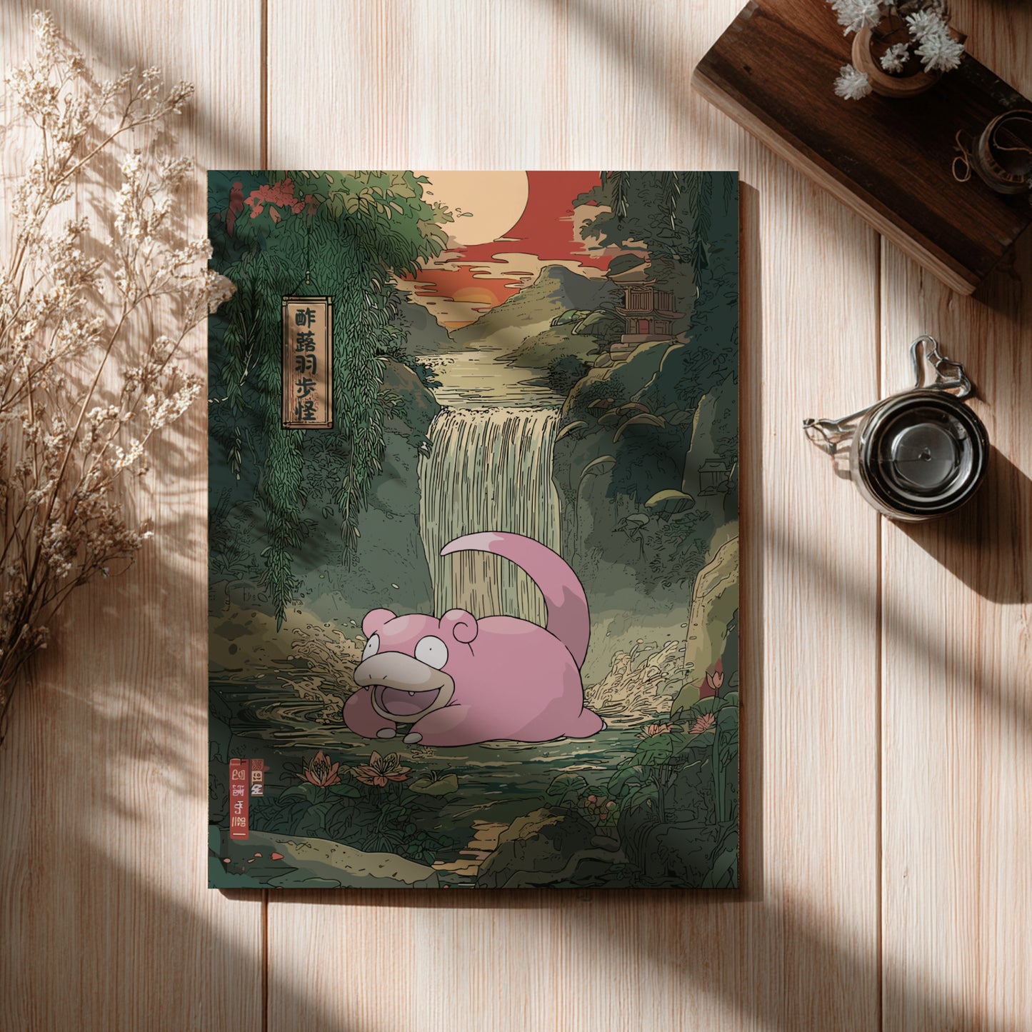 Poster with Slowpoke Pokemon illustration on a wooden surface