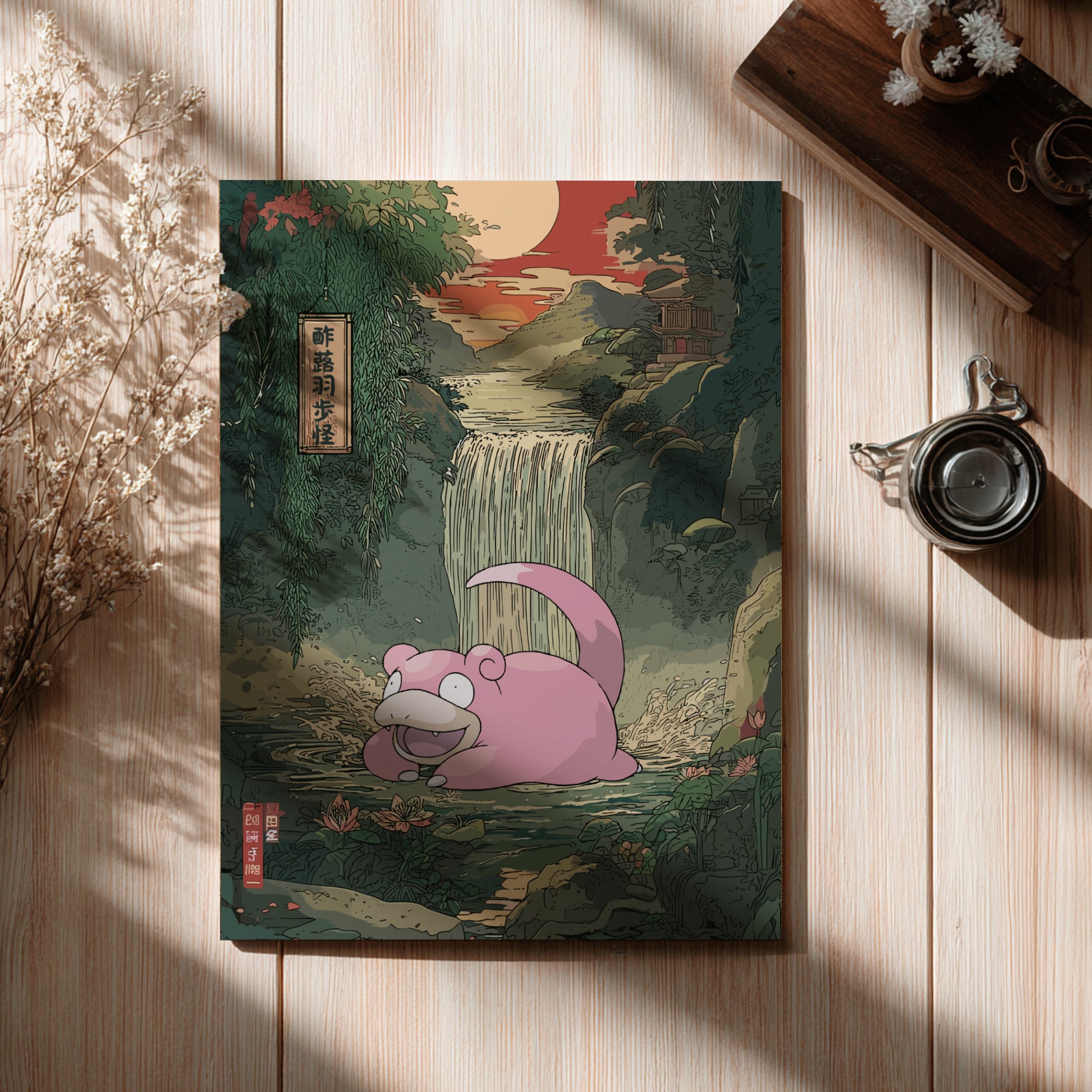 Poster with Slowpoke Pokemon illustration on a wooden surface