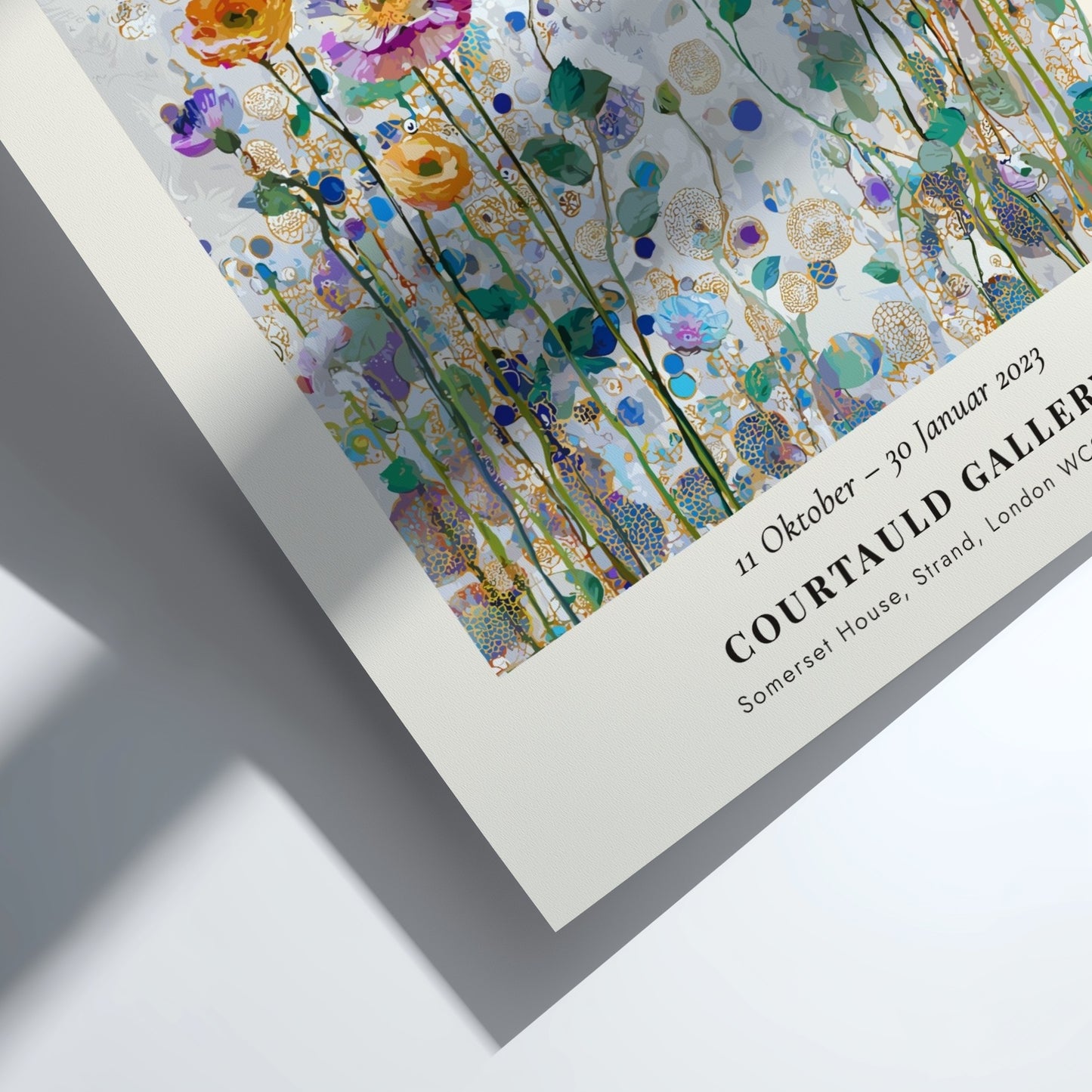 Klimt-inspired poster featuring colorful wildflowers and emerald greens in a vibrant forest scene