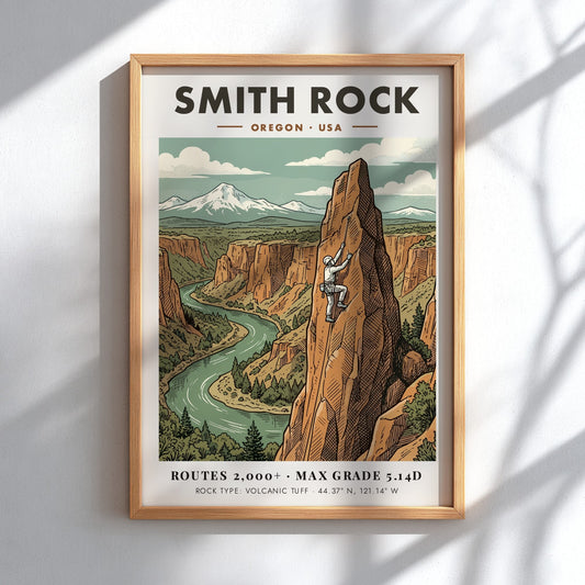 Poster of Smith Rock Oregon featuring a climber on a tall volcanic crag.