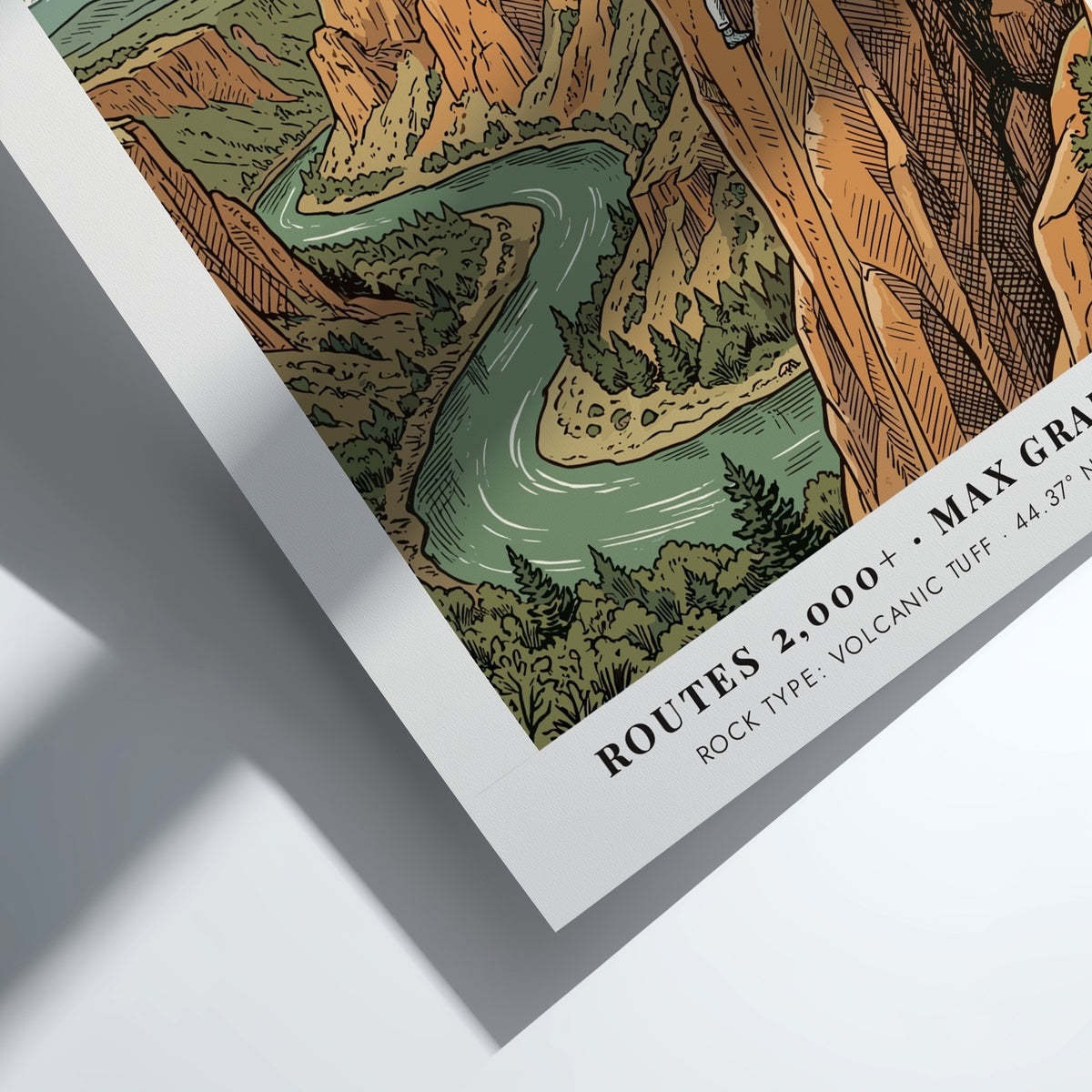 Poster of Smith Rock Oregon featuring a climber on a tall volcanic crag.