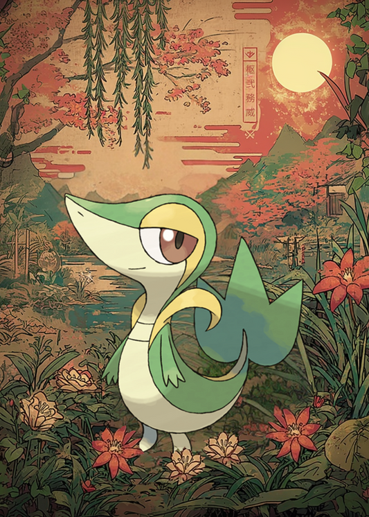 Snivy Pokemon in a stylized garden with flowers and mountains