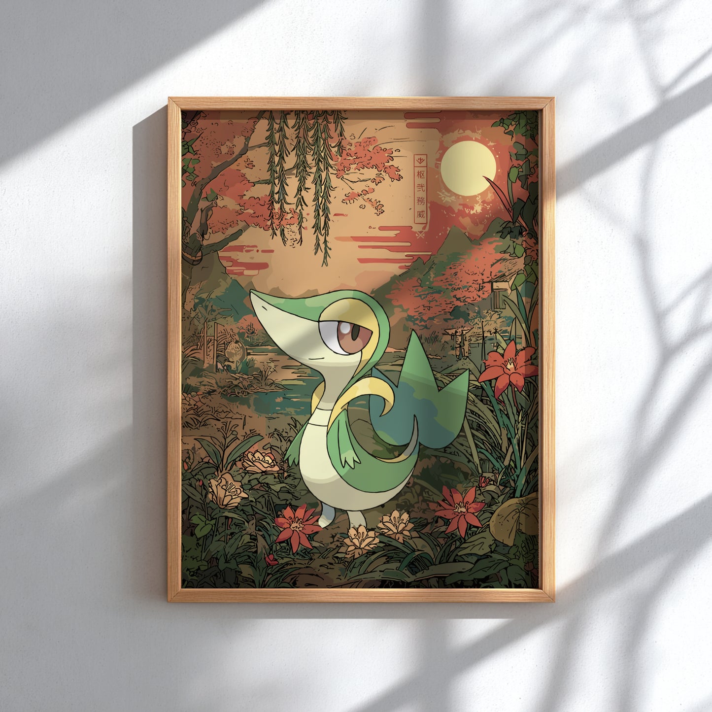 Framed artwork of Snivy Pokemon with a scenic background