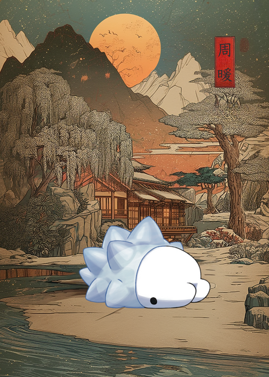 Animated character with Snom Pokemon lying on the ground in front of a traditional Japanese landscape with mountains and a full moon.