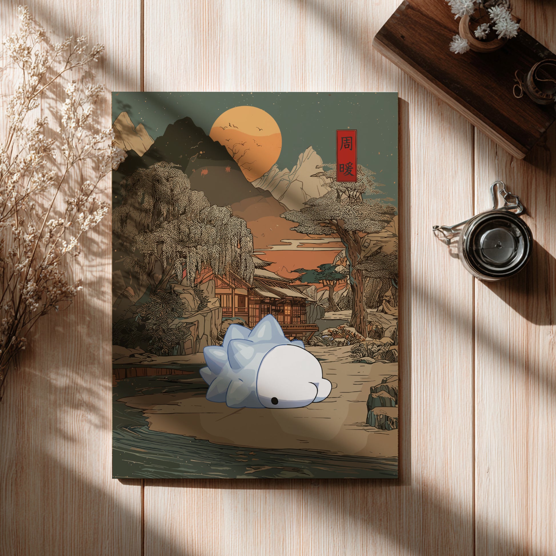 Canvas print of a stylized landscape with Snom Pokemon on a wooden surface.