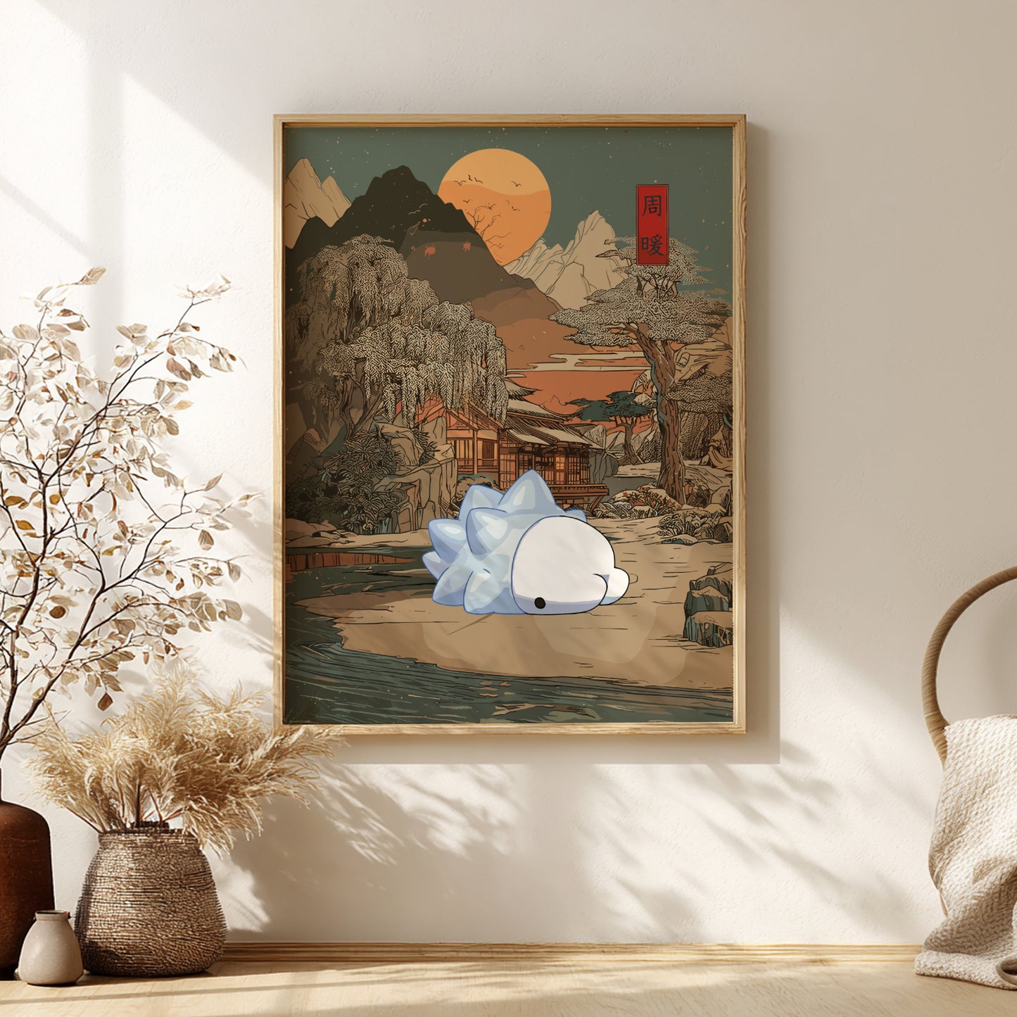 Framed artwork of a mountainous landscape with a traditional building, featuring a Snom Pokemon character in the foreground.