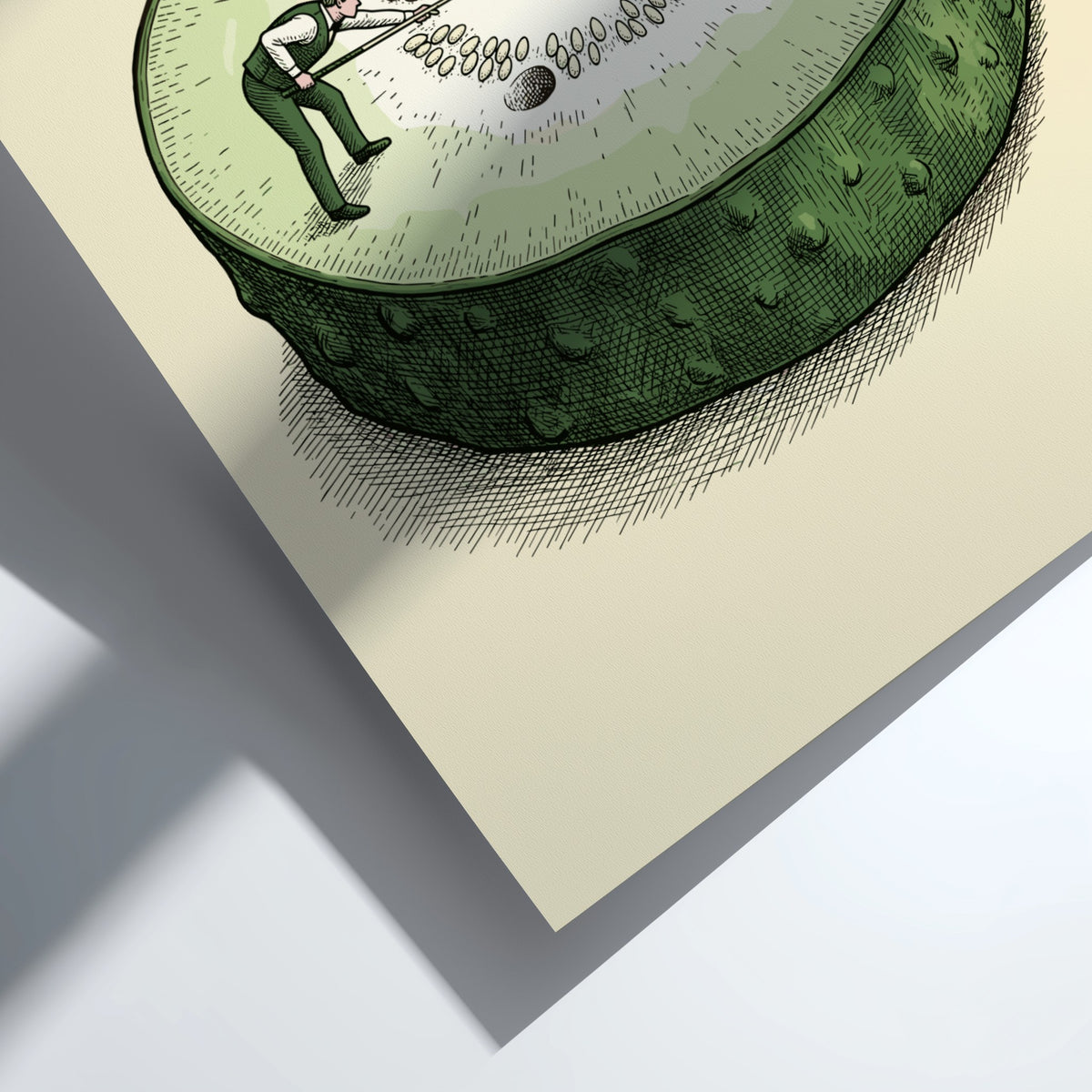 Poster featuring two miniature men playing snooker on a sliced green garden cucumber