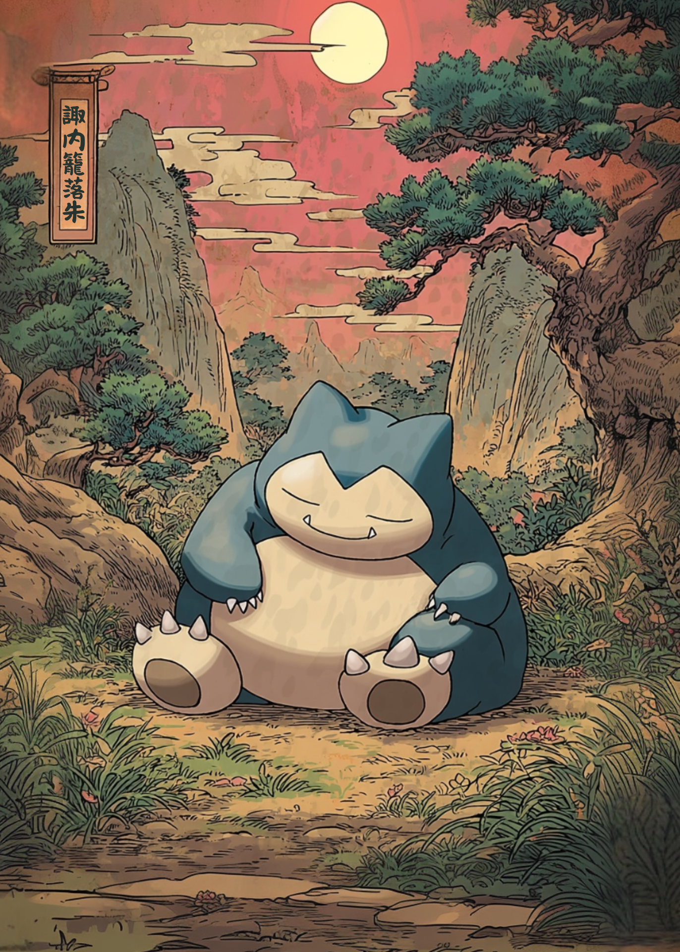 Snorlax Pokemon character sitting on a path with a scenic background