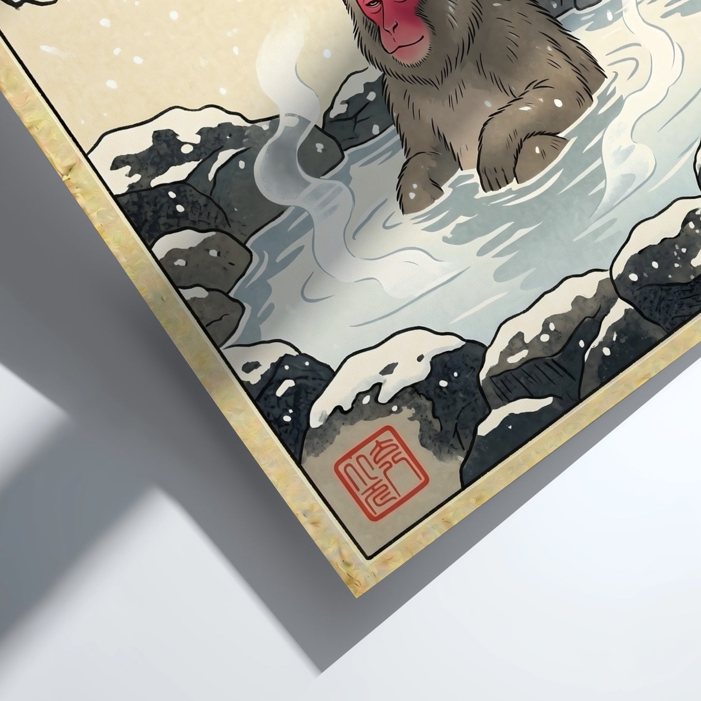 Snow monkey bath poster featuring a serene winter landscape in Japanese art style