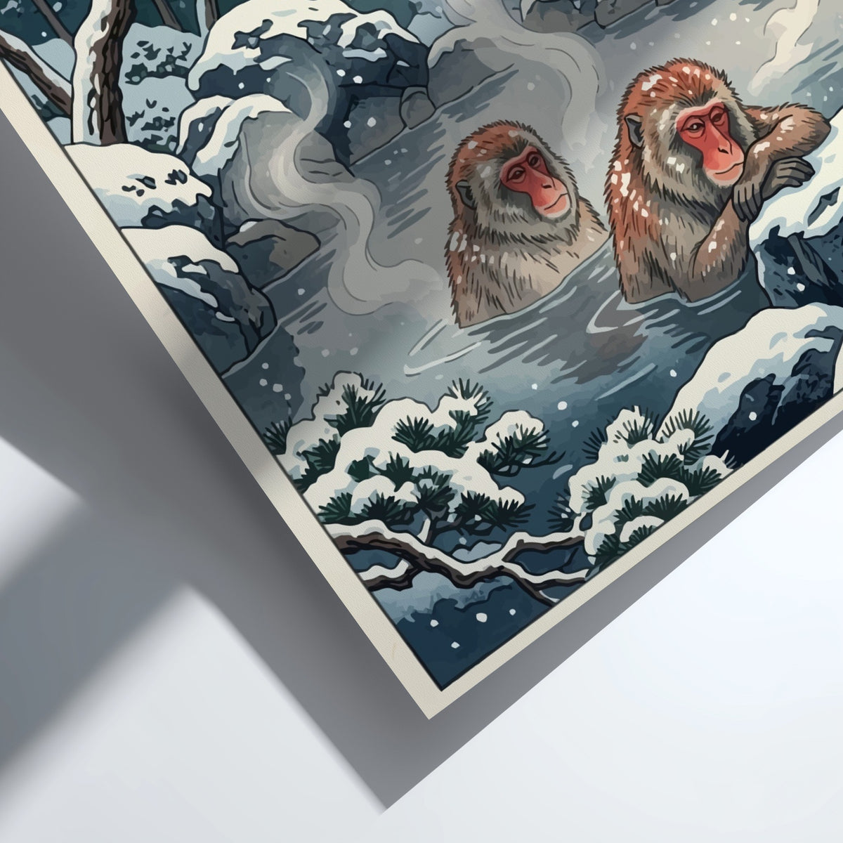 Poster featuring two Japanese snow monkeys bathing in a steaming hot spring surrounded by snow.