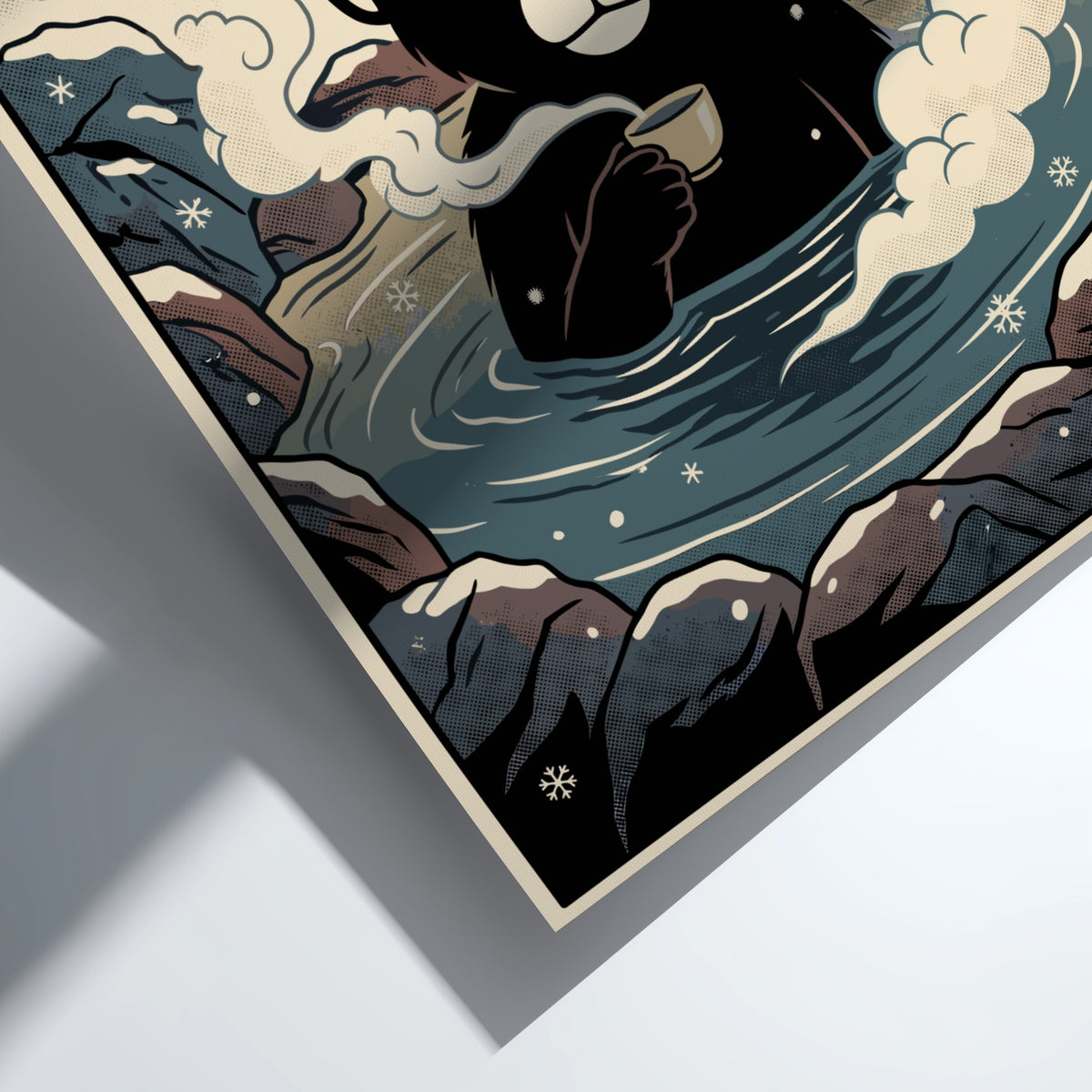Poster of a black snow monkey holding a teacup in a hot spring