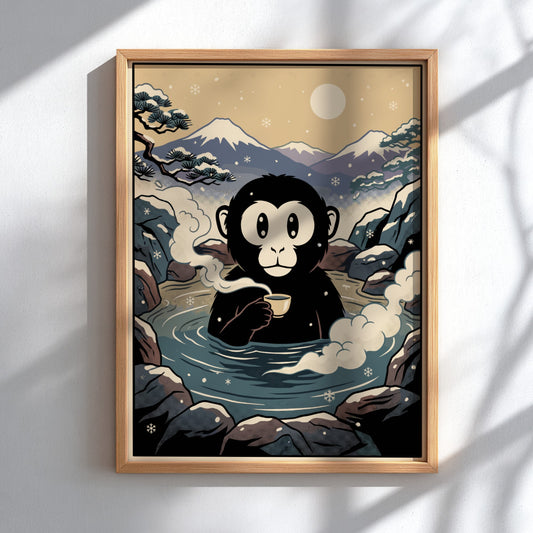 Poster of a black snow monkey holding a teacup in a hot spring