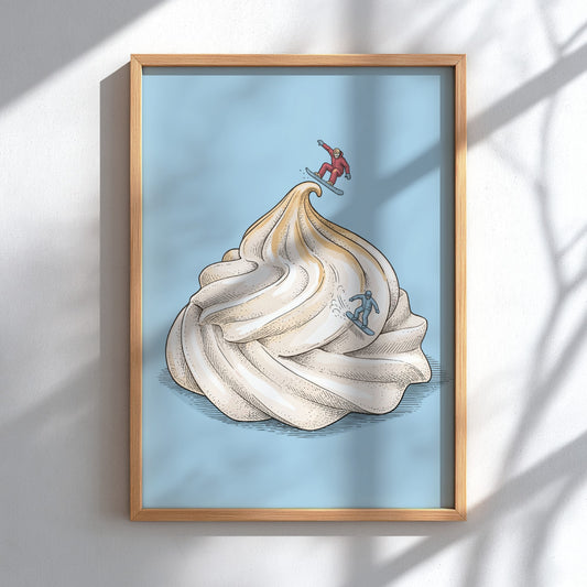 Poster featuring two tiny snowboarders riding down a giant swirled meringue mountain peak.