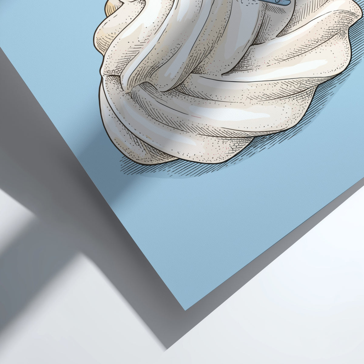 Poster featuring two tiny snowboarders riding down a giant swirled meringue mountain peak.