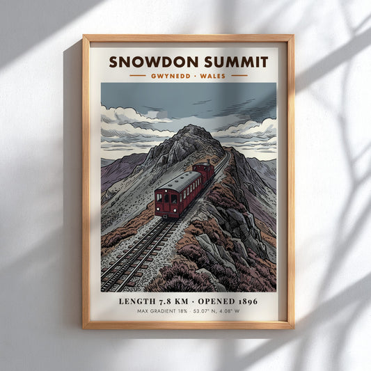 Poster of the Snowdon Summit red mountain train ascending a rocky Welsh peak.