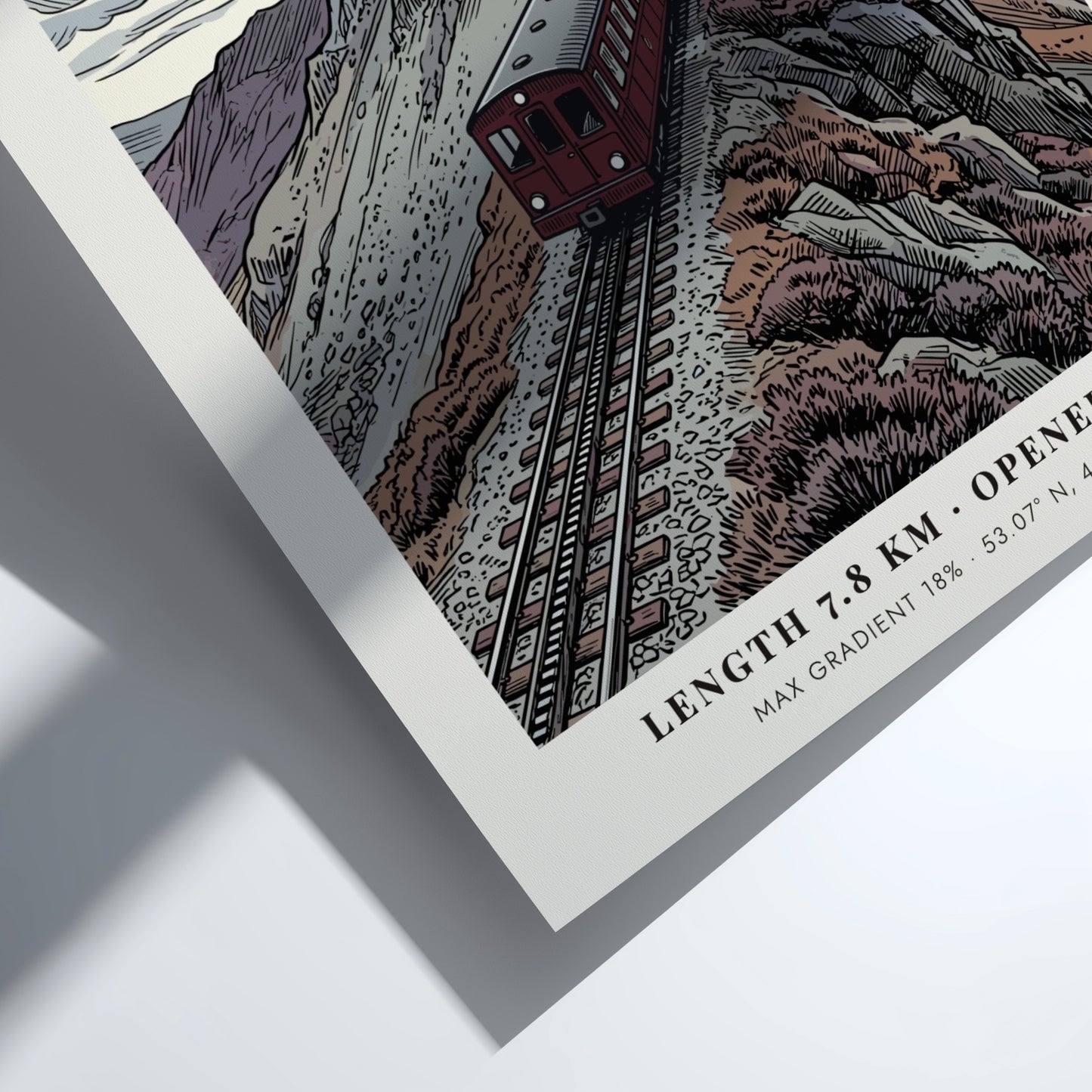 Poster of the Snowdon Summit red mountain train ascending a rocky Welsh peak.