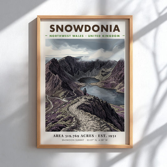 Poster featuring a hiker overlooking the dramatic, purple-toned mountains of Snowdonia, Wales, in