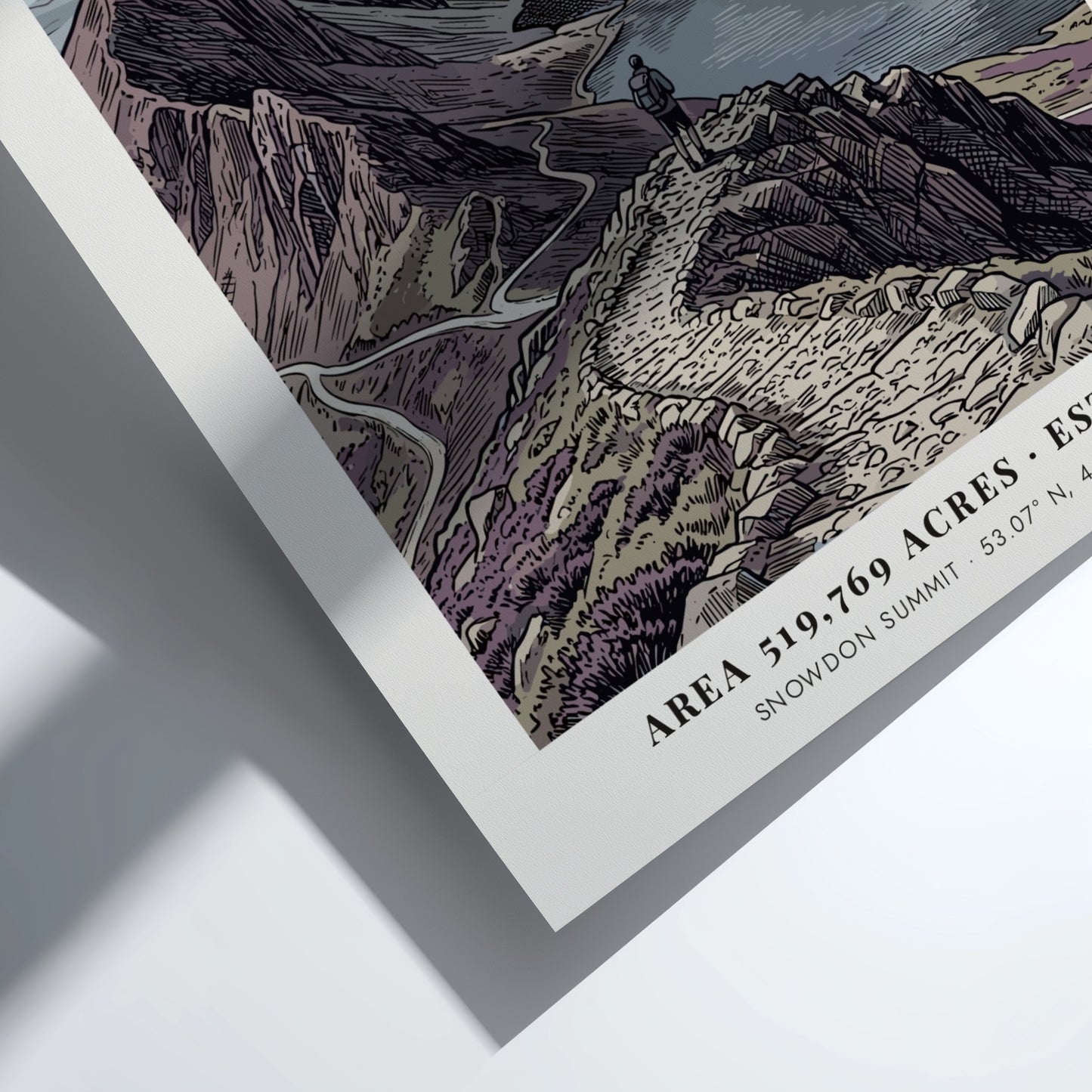 Poster featuring a hiker overlooking the dramatic, purple-toned mountains of Snowdonia, Wales, in