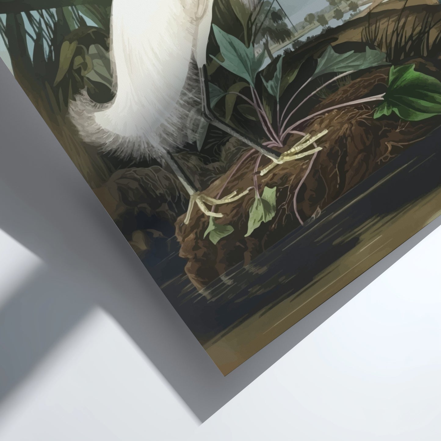 Snowy Heron poster featuring vintage bird art in soft colors, ideal for nature decor and wall print.