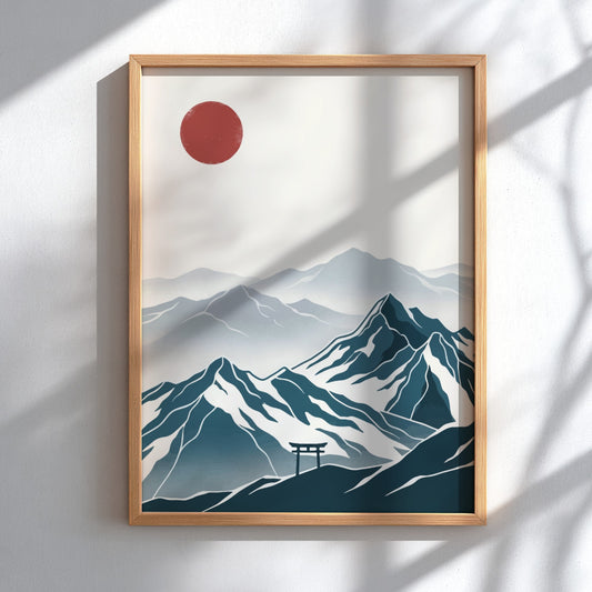 Poster featuring snowy mountain peaks with a traditional torii gate and red sun.
