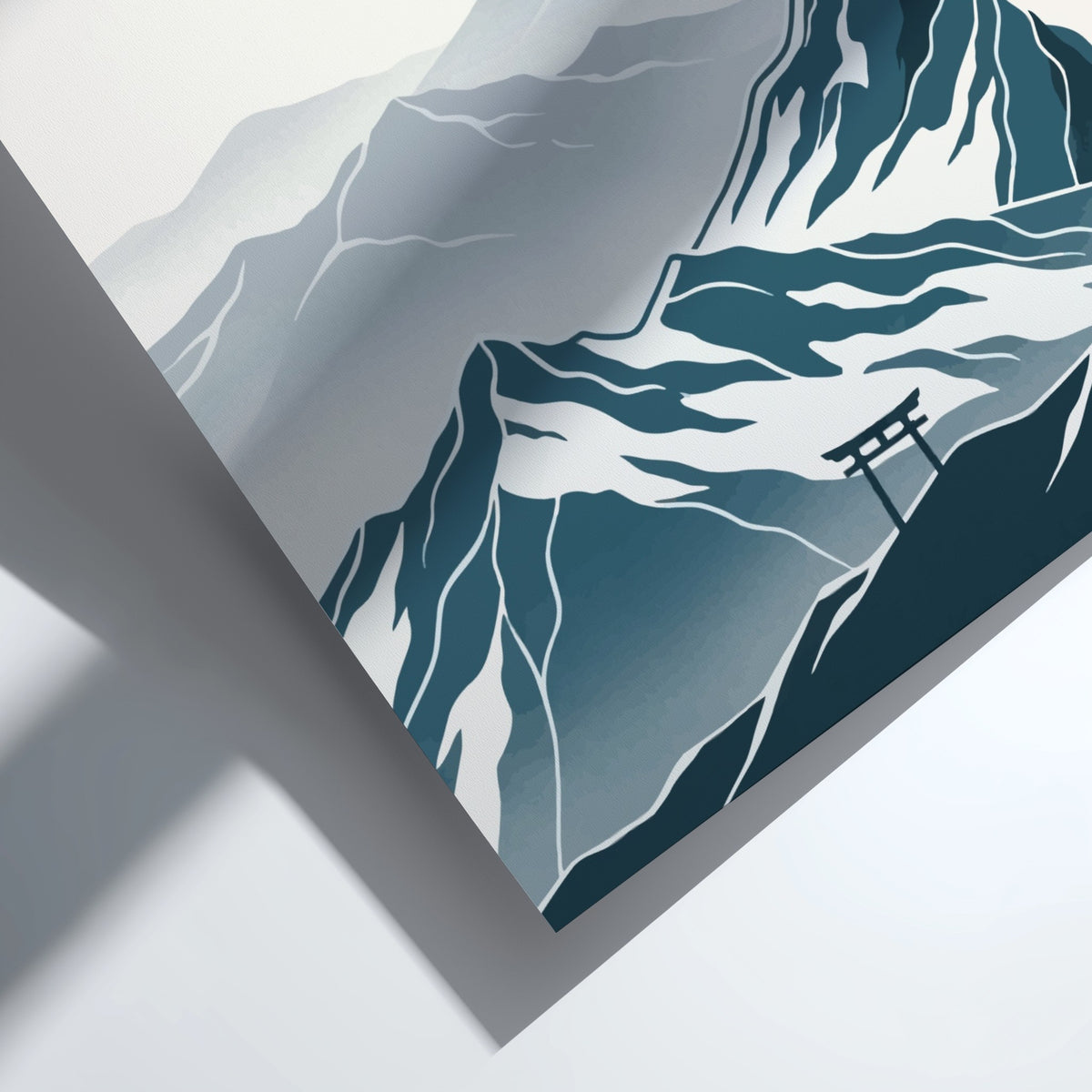 Poster featuring snowy mountain peaks with a traditional torii gate and red sun.