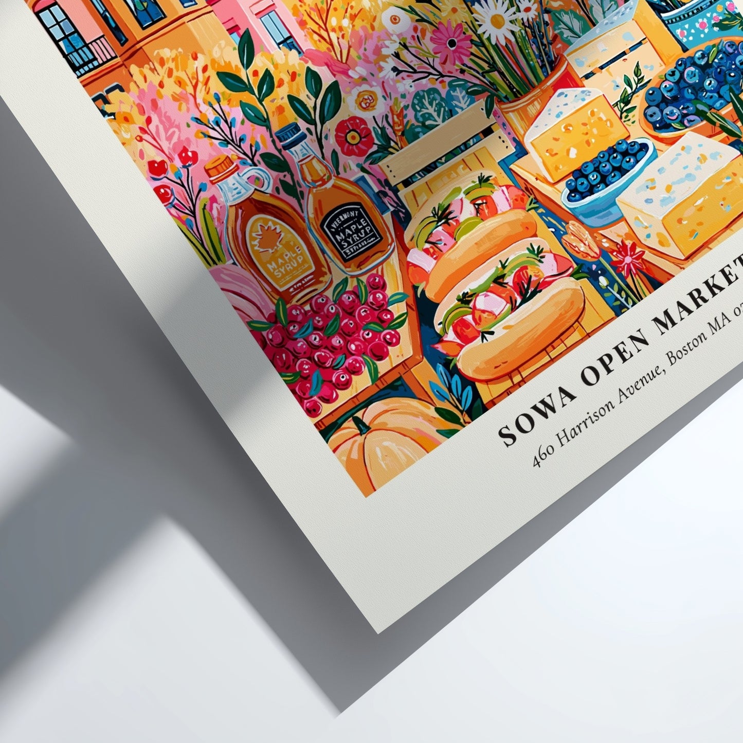 Farmers market poster featuring vibrant colors and a lively Boston scene with fresh produce and flowers