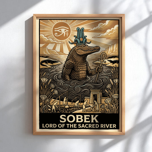 Poster featuring the Egyptian god Sobek rising from a river under the sun.