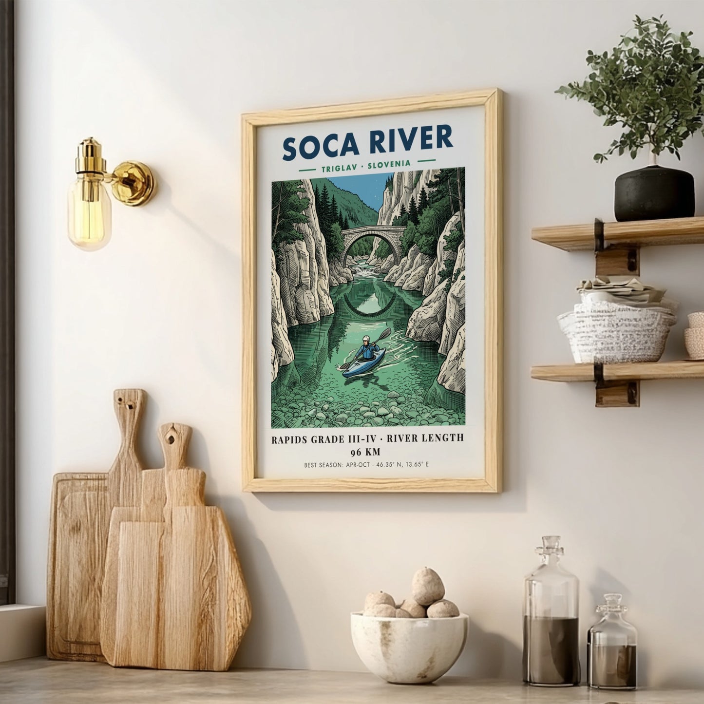 Poster of a kayaker on the turquoise Soca River beneath a stone bridge