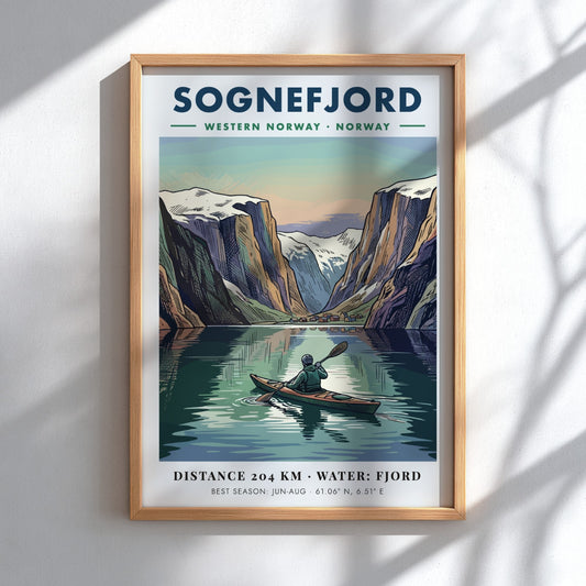 Poster of a kayaker on Sognefjord in Norway surrounded by towering snowy mountain peaks.