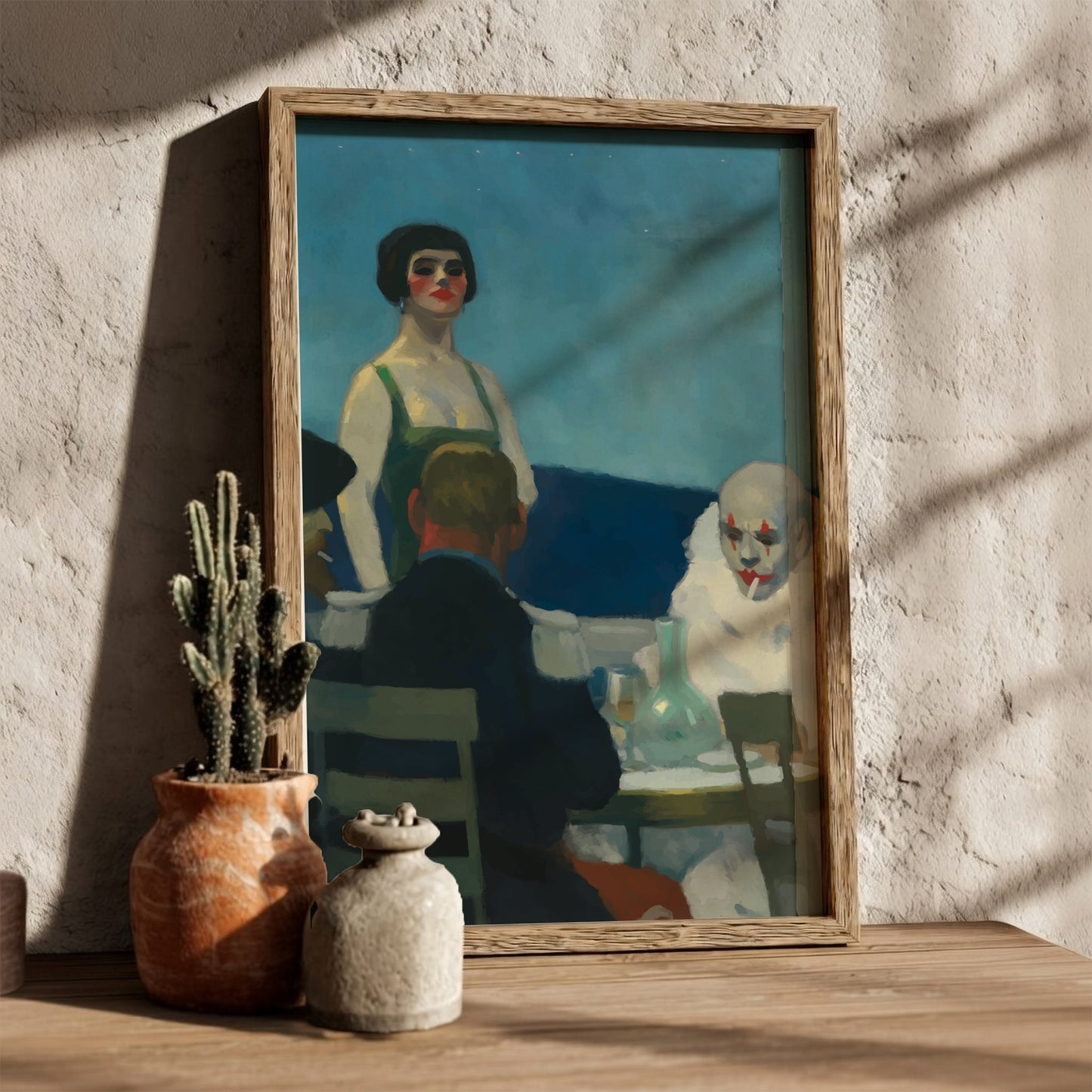 Soir Bleu poster featuring Edward Hopper's artwork with a woman and a clown at night.
