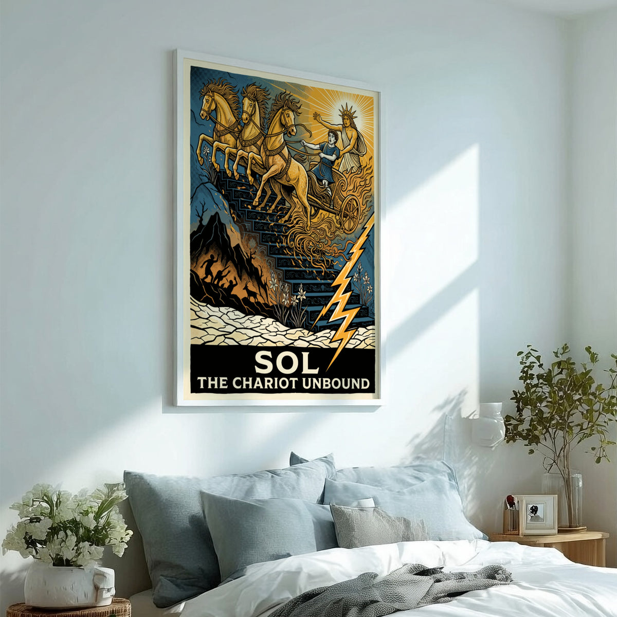 Poster featuring Sol The Chariot Unbound with golden horses descending a dark staircase.
