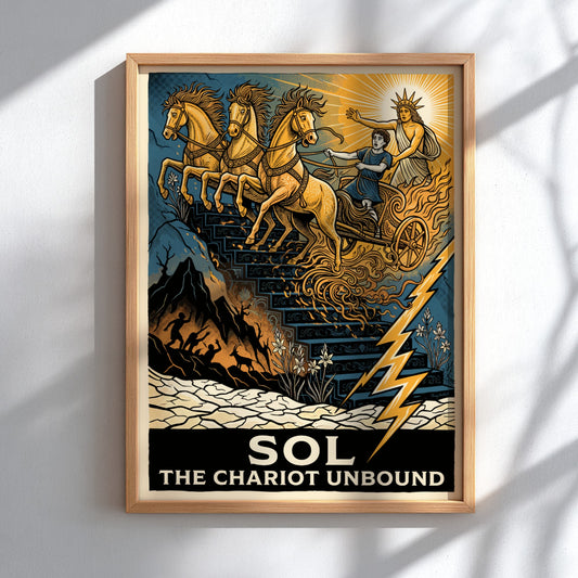 Poster featuring Sol The Chariot Unbound with golden horses descending a dark staircase.