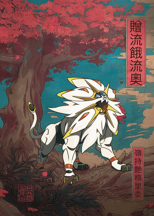 Solgaleo Pokemon standing in a forest with red leaves and a blue sky.