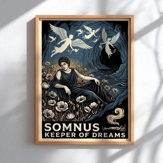 Poster featuring Somnus reclining in a field of poppies with winged spirits above.