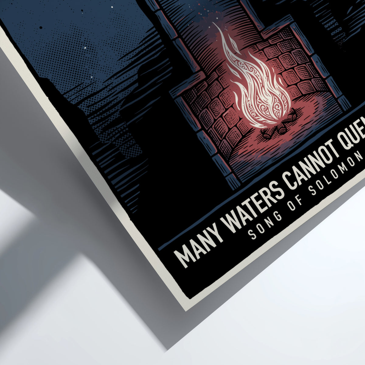Poster displaying a glowing fire inside a stone structure surrounded by dark waters.