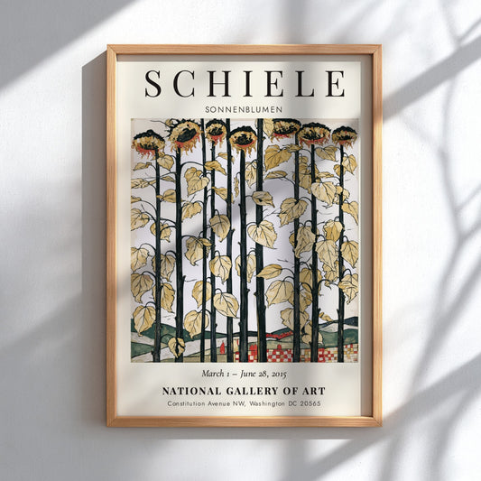 Egon Schiele exhibition poster featuring sunflowers in bold colors and expressionist style