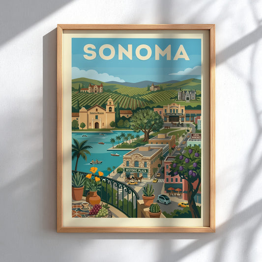 Sonoma landscape poster with vineyards, mission, and waterfront in a vintage travel art style.