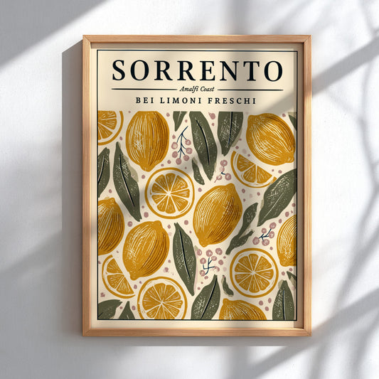Sorrento kitchen poster featuring fresh lemons and leaves in warm colors, perfect for kitchen decor.