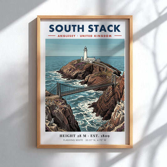 Poster of South Stack Lighthouse in Anglesey featuring a bridge, cliffs, and seagulls.