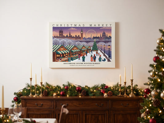 Poster of Southbank Centre Winter Market with London landmarks and glowing holiday market stalls.
