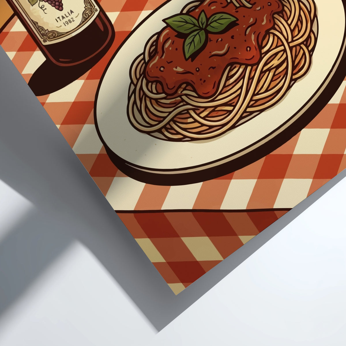 Spaghetti poster featuring a plate of pasta, wine bottle, and candle on a checkered