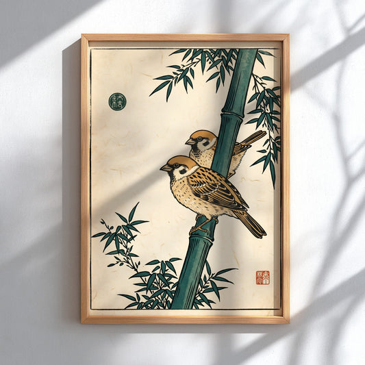 Japanese art style poster featuring sparrows on bamboo in warm colors